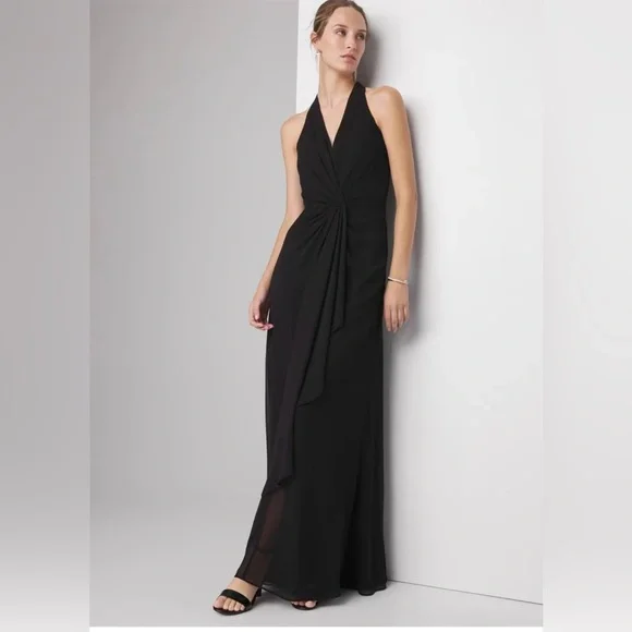 White House Black Market Sleeveless Draped Gown 4P Black V-Neck Chiffon Lined - Picture 2 of 16